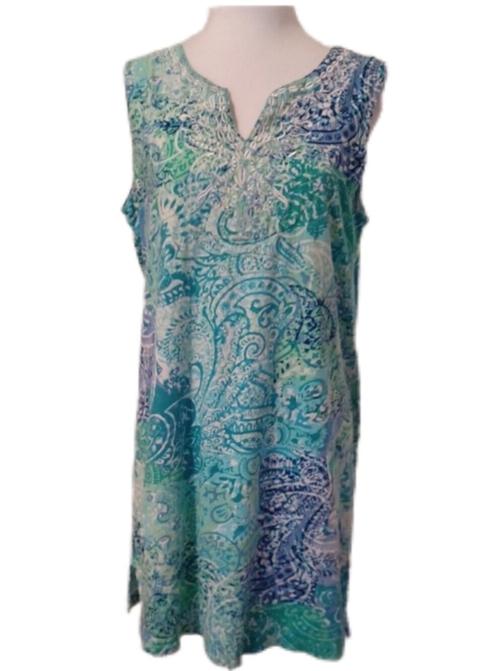 -- Caribbean Joe Casual  Sleeveless Dress - Teal & Blue Paisley Size Medium